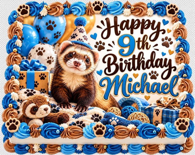 Cute Boy Pet Ferret Theme Edible Image Blue Party Edible Birthday Cake Topper Decoration Frosting Sheet Customized Easy To Apply