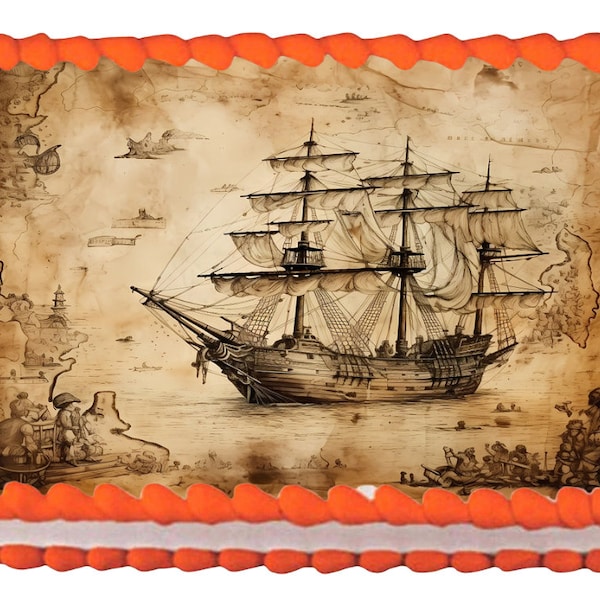 Personalized Pirate Treasure Map, Vintage Look Maps Image Edible Cake Topper Frosting Sheets Thin Fondant Cake Topper Customized