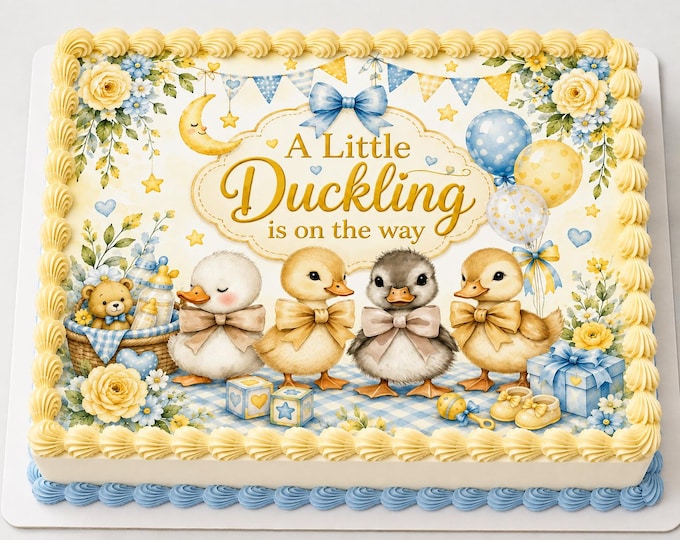 Cute Little Duckling on Way Edible Image Spring Baby Shower 1st Birthday Party Cake Topper Edible Frosting Sheet Easy 2 Apply Can Edit Words