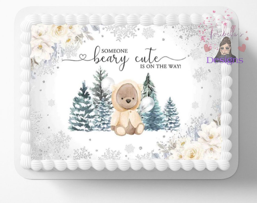 We Can Bearly Wait Cute Baby Bear Edible Image Gender Beige Green ...
