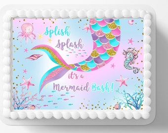 Mermaid Mermaid Splash Party Themed Pool Birthday Party Cake Topper Frosting Sheet Icing Frosting Edible Sticker Decal