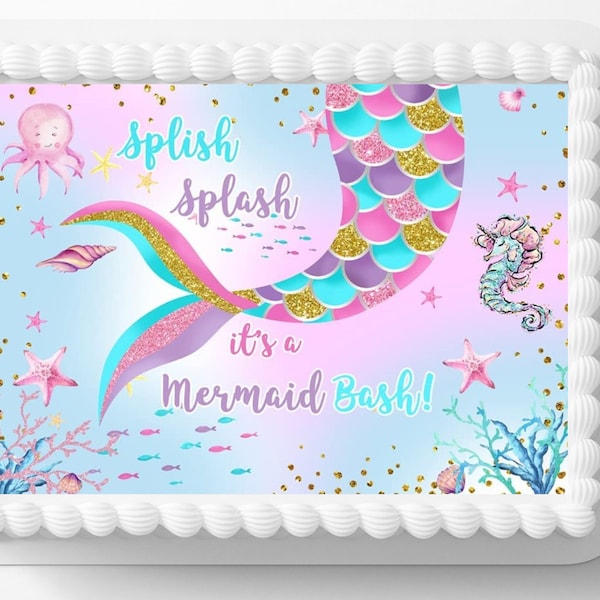 Mermaid Mermaid Splash Party Themed Pool Birthday Party Cake Topper Frosting Sheet Icing Frosting Edible Sticker Decal