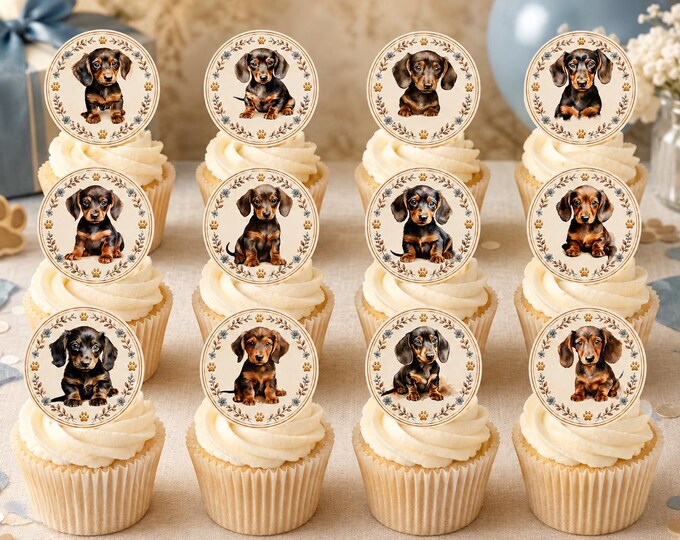 Adorable Dachshund Puppies Puppy Image Customized Baby Shower Birthday Edible Cupcakes, Cookies, Brownies Toppers Precut Edible Wafer Paper