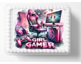Pink Video Virtual Gamer Girl Edible Image Themed Edible Birthday Party Cake Topper Frosting Sheet Personalized Custom Edible Sticker Decal