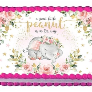 A Little Peanut Pink Elephant Edible Image Edible Baby Shower Cake Topper Frosting Sheet Icing Cake Decoration Edible Cake Sticker Decal -1