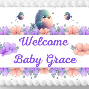Watercolor Spring Colors Floral Birds Edible Image Gender Reveal Themed Baby Shower Party Cake Topper Frosting Sheet Edible Sticker Decal