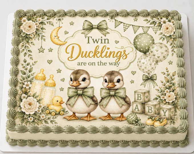 Twin Little Duckling on Way Edible Image Spring Baby Shower 1st Birthday Party Cake Topper Edible Frosting Sheet Easy 2 Apply Can Edit Words