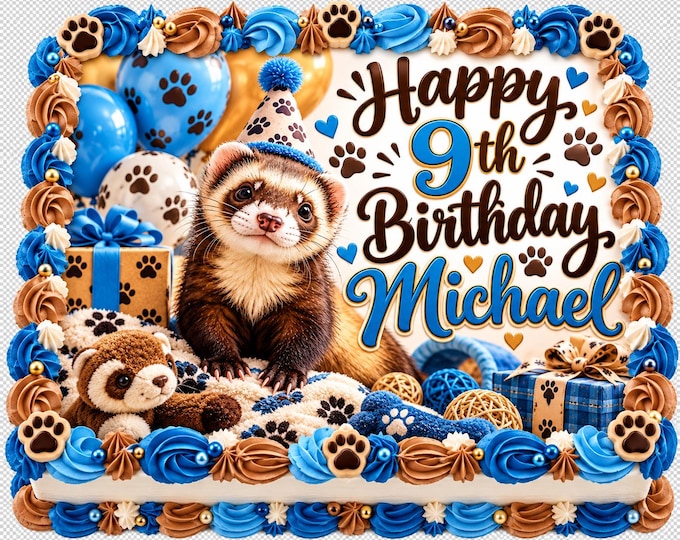 Cute Boy Pet Ferret Theme Edible Image Blue Party Edible Birthday Cake Topper Decoration Frosting Sheet Customized Easy To Apply