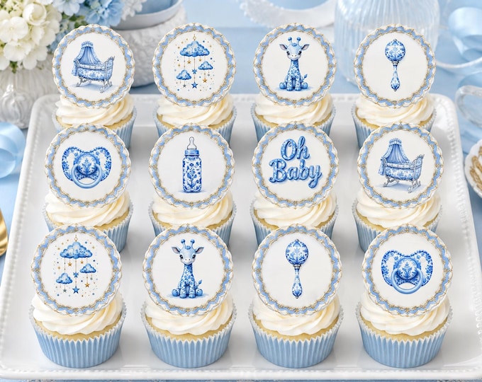 Blue Toile French  Image Customized Baby Shower Birthday Edible Cupcakes, Cookies, Brownies Toile de Jouy Toppers Precut Edible Wafer Paper