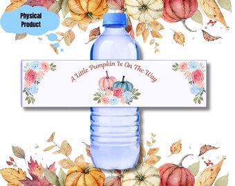 20 PRINTED A Little Pumpkin Is On The Way Gender Baby Shower, Water Proof Glossy Water Bottle Labels, Personalized Adhesive Label Wraps