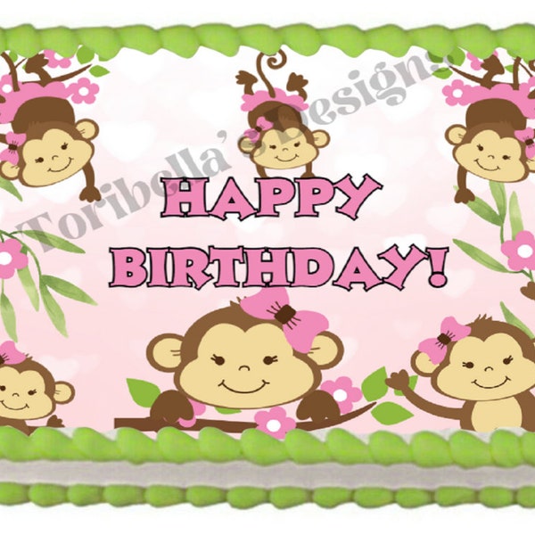 Pink Funny Monkey Animal Edible Image Birthday Cake Party Themed Baby Shower Party Cake Topper Frosting Sheet Icing Frosting Edible Sticker