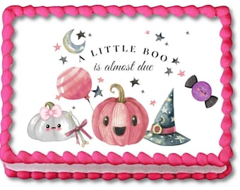 A Little Boo Is Due Edible Image Birthday Halloween Pink Baby Shower Ghost Cake Topper Frosting Sheet Sugar Sheets Customized Personalized