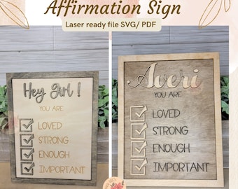 Pode incluir: Dois sinais de madeira com texto cortado a laser. O primeiro sinal diz "Hey Girl! You are Loved, Strong, Enough, Important." O segundo sinal diz "Averi You Are Loved, Strong, Enough, Important."