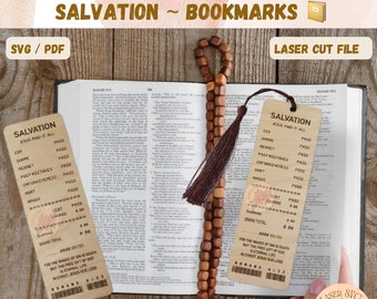 May include: A set of two laser cut bookmarks with a vintage ticket design. The bookmarks feature the text "Salvation - Jesus Paid It All" and a list of sins with the word "Paid" next to each one. The bookmarks are made of brown cardstock and have a distressed look. The text "For the wages of sin is death, but the free gift of God is eternal life in Christ Jesus our Lord" is printed at the bottom of the bookmarks.