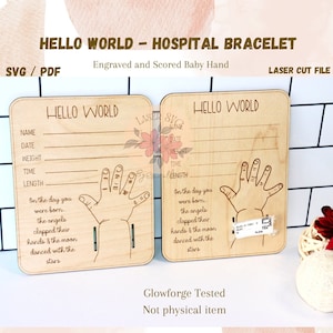 ARCHIVO DIGITAL x2, Soporte para pulsera de hospital para bebés, Archivos láser Glowforge, Señal de nacimiento de bebé, Señal de Hola mundo, Anuncio de bebé, Llegada de bebé