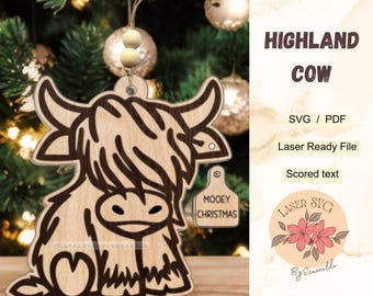 DIGITAL DOWNLOAD, Highland Cow Ornament SVG: Laser Cut (Digital File), Christmas Ornament, Farmhouse Files