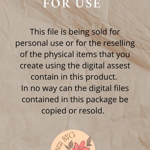 Pu&ograve; includere: Un'immagine di testo su uno sfondo marrone stropicciato con il testo "PERMISSIONS FOR USE" in bianco. Il testo sotto spiega che il file &egrave; in vendita per uso personale o per la rivendita di articoli fisici creati utilizzando le risorse digitali. Il testo afferma anche che i file digitali non possono essere copiati o rivenduti. L'immagine include un logo con il testo "LASER SVG By Esmeralda".