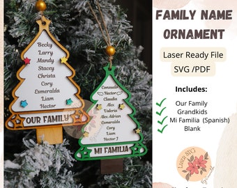 May include: Two laser cut wooden Christmas tree ornaments with names on them. The ornaments are green and brown and have a star at the top. The text on the ornaments says "Our Family" and "Mi Familia".