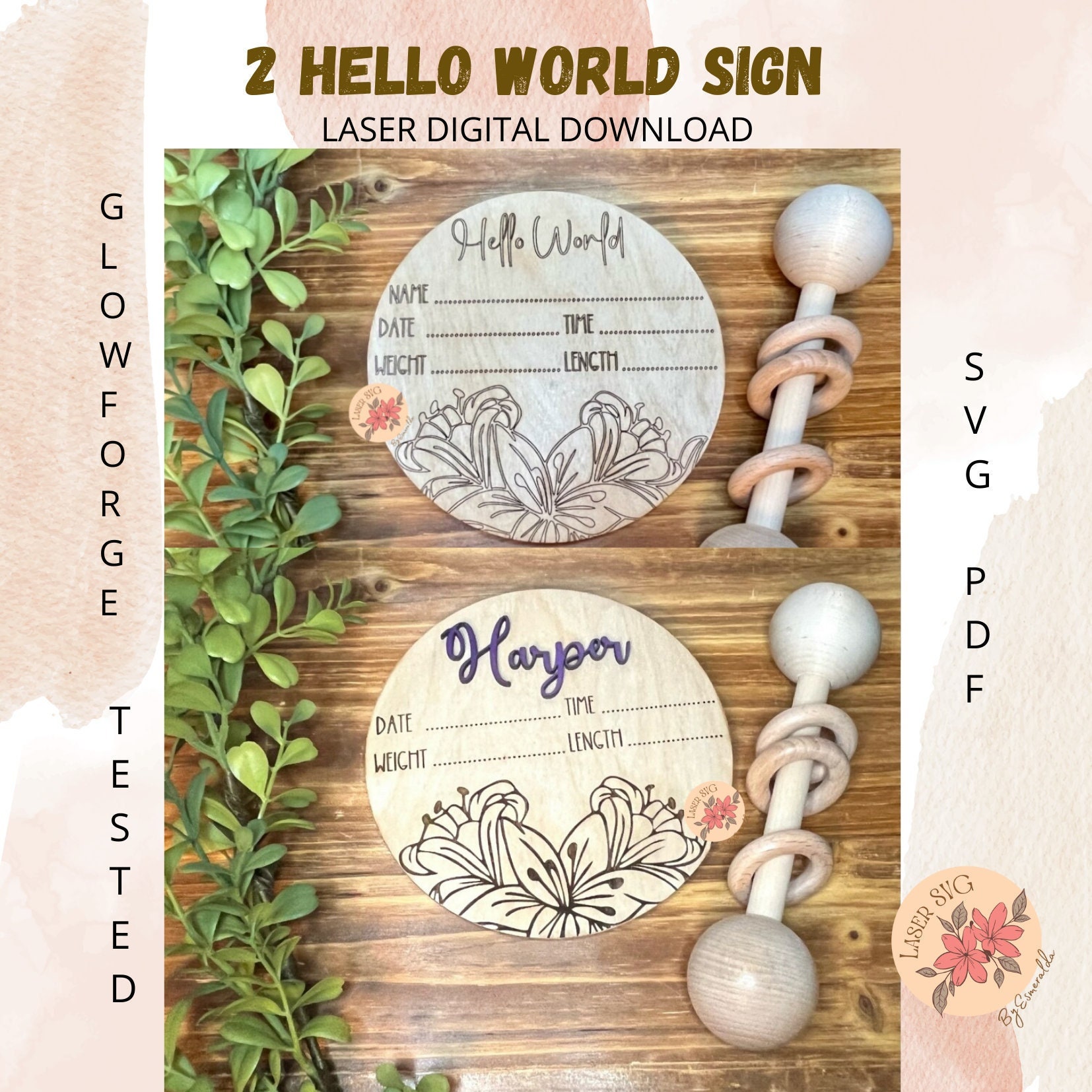 Floral Hello World Sign SVG: Laser Cut Baby Milestone (digital Download ...