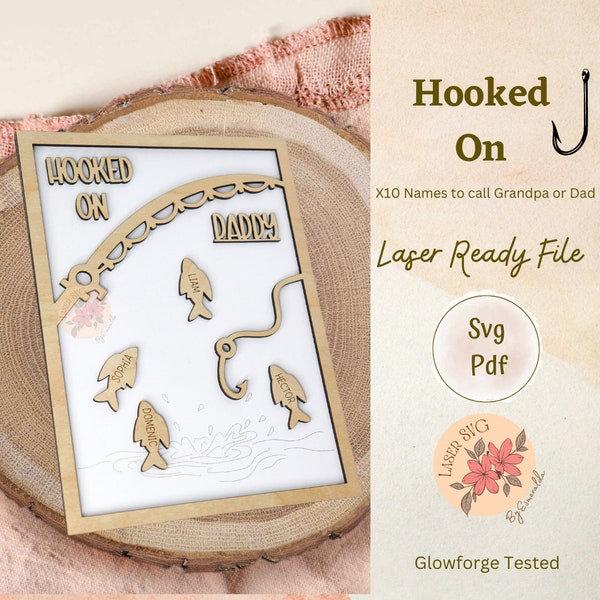 DIGITAL FILE, Father's Day Laser Cut File, Hooked on Dad Svg, Hooked on Grandpa, Hooked on Papa, Glowforge, Laser Cut File, Fishing Sign