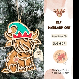 DIGITAL FILE, Elf Ornament Svg, Highland Cow, File for Laser Cutters, Laser Files for Christmas, Glowforge Ornament Svg, Highland Cow Svg