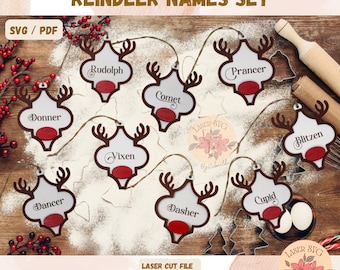 Reindeer Names Ornaments Set: Laser Cut Files (SVG/PDF)