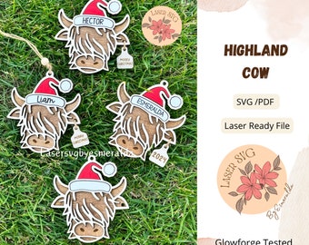 Highland Kuh Weihnachtsschmuck SVG: Laser Cut Dateien (Digitaler Download)