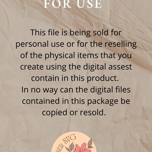 May include: A beige background with the text "PERMISSIONS FOR USE" in white. The text explains the file's usage rights. A circular logo with flowers and the text "LASER SVG By Esmeralda" is also present.