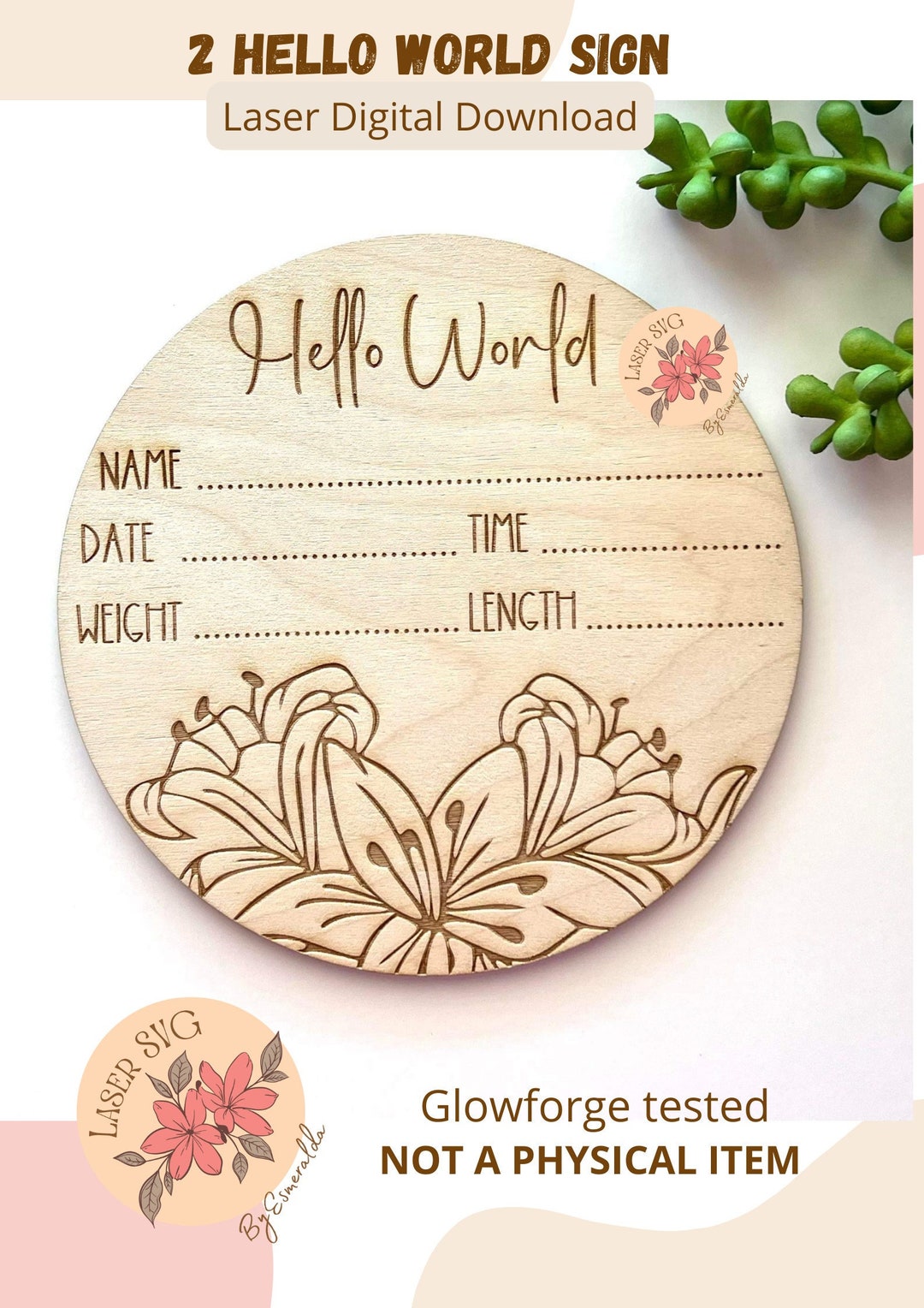 Floral Hello World Sign SVG: Laser Cut Baby Milestone (digital Download ...