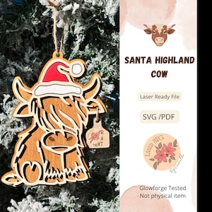 DIGITAL FILE, Santa Ornament Svg, Highland Cow, File for Laser Cutters, Laser Files for Christmas, Glowforge Ornament Svg, Highland Cow Svg