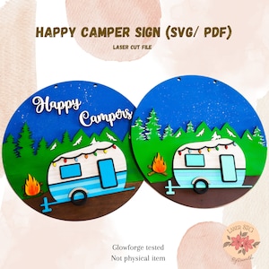 DIGITAL FILE, Happy Campers, Digital Download, Glowforge Laser File, 3D Round Sign, Glowforge Files, Round Door Hanger Svg, Camper Sign