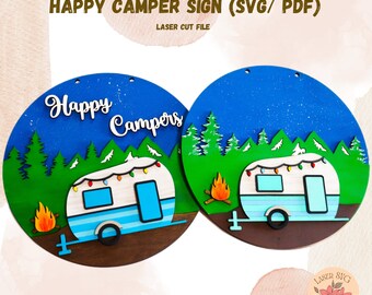 May include: A laser cut file for a Happy Campers sign featuring a camper, trees, a campfire, and a starry night sky. The sign is perfect for a camper or RV enthusiast.