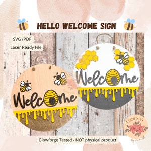 DIGITAL FILE, Welcome Bee Door Sign, Round door hanger, Glowforge laser files, Bumblebee honeycomb Svg, Summer sign, Bee round Welcome sign