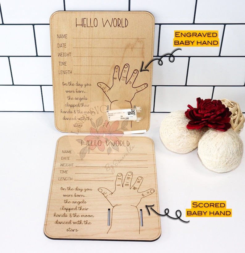 Pu&ograve; includere: Due targhe di legno con il testo "HELLO WORLD" su di esse. Le targhe sono per registrare le informazioni del bambino, come il nome, la data, il peso, l'ora e la lunghezza. Le targhe presentano anche un contorno di impronta di mano per la mano del bambino. Una targa ha un contorno di impronta di mano inciso e l'altra ha un contorno di impronta di mano segnato. Il testo "ENGRAVED BABY HAND" &egrave; scritto in alto a destra della targa con l'impronta di mano incisa. Il testo "SCORED BABY HAND" &egrave; scritto in basso a destra della targa con l'impronta di mano segnata.
