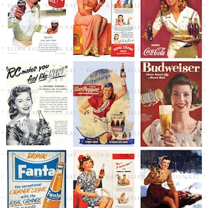 Folha de colagem digital | Anúncios de refrigerantes vintage 1 - Cartões ATC para impressão - DOWNLOAD INSTANTÂNEO