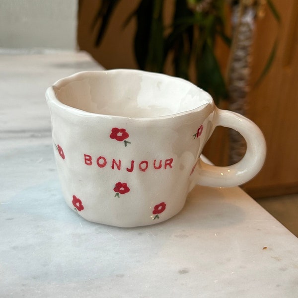 Handmade Ceramic Bonjour Coffee Mug Handcrafted Tea Mug Kitchen Gift, Handmade Gift