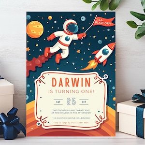 Editable Retro Space Birthday Invitation Printable Kids Digital Invite Outer Space Galaxy Planet Theme Party Rocket Ship Canva Template