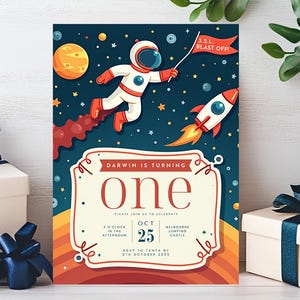 Retro Space Birthday Invitation Printable Kids Digital Invite Outer Space Galaxy Planet Theme Party Rocket Ship Editable Canva Template
