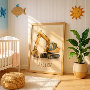 Personalized Excavator Nursery Wall Art, Kids Room Decor, Construction Themed Birthday Gift, Toddler Room Poster, Custom Boy Nursery Decor