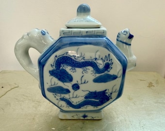 Vintage Blue and White Dragon Teapot | Small Ceramic Teapot | Chinoiserie Decor | Asian Style Teapot | Display Teapot
