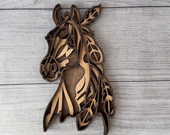 Indian Horse Head SVG, Feather Art, SVG, Horse Head, Laser Cut file, Multilayer, DIY Cutting, Glowforge, Wooden Animal, Wall Decor,