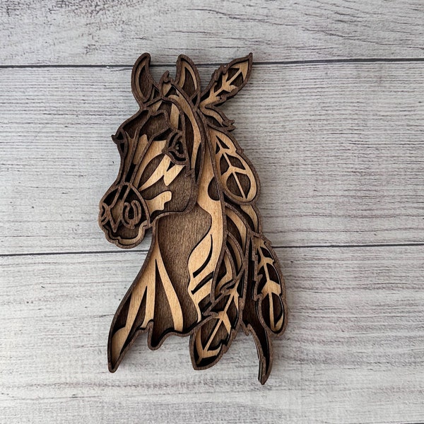 Indian Horse Head SVG, Feather Art, SVG, Horse Head, Laser Cut file, Multilayer, DIY Cutting, Glowforge, Wooden Animal, Wall Decor,