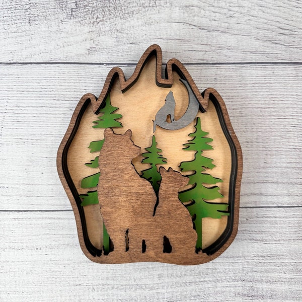 Bear Paw, Wolf Moon, SVG, Pine Trees, Laser Cut file, Multilayer, DIY Cutting, Glowforge, Wooden Animal, Wall Decor, Scroll Saw fretwork,