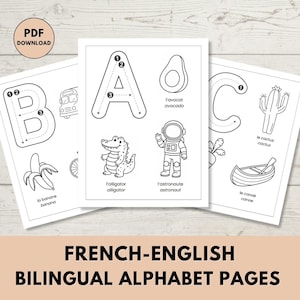 May include: Black and white printable alphabet pages with French and English vocabulary. The pages feature the letters A, B, and C, with illustrations of an alligator, astronaut, avocado, banana, cactus, and canoe. The text "PDF DOWNLOAD" is in the upper left corner.