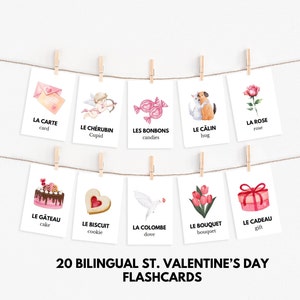Flashcard bilingue francese-inglese per San Valentino, flashcard bilingue, flashcard in francese, flashcard in francese per bambini