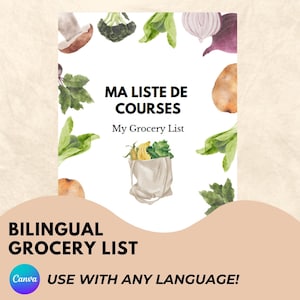 Lista de compras bilíngue editável para crianças, lista de compras bilíngue, lista de compras francesa, minha lista de pratos, lista de compras para impressão para crianças