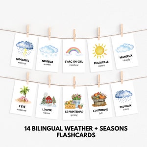 Flashcards bilíngues francês-inglês sobre clima e estações, flashcards bilíngues, flashcards météo et saisons, flashcards em francês para crianças