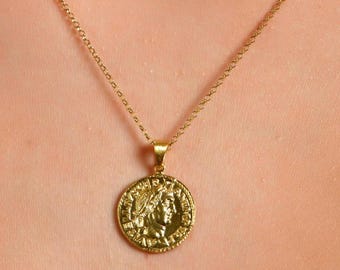 24K Gold Plated Roman Coin Necklace, Ancient Roman Empire Coin Pendant, Jupiter & Quadriga Victoria Medallion, Antique Unisex Jewelry Gift