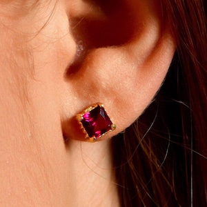 Minimalist Silver Ruby Stud Earrings, Gold Plated July Birthstone Studs, Princess Cut Red Gemstone Earrings, Unique Jewelry, Gift For Women