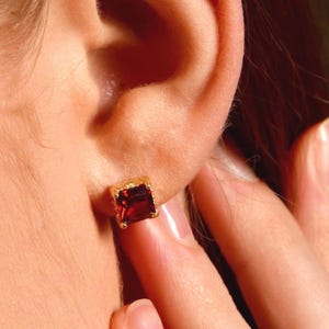 Minimalist Silver Garnet Stud Earrings, Gold Plated January Birthstone Studs, Princess Cut Garnet CZ Gemstone Earrings, Cute Jewelry For Her